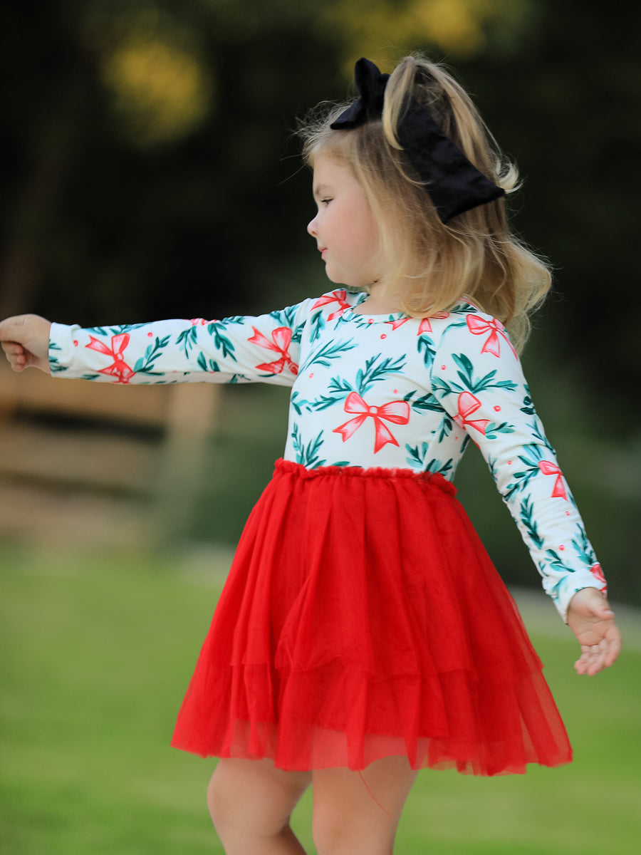 Red Tulle Skirt Christmas Tutu Dress and Holly Print