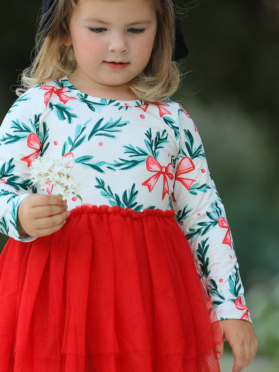Red Tulle Skirt Christmas Tutu Dress and Holly Print
