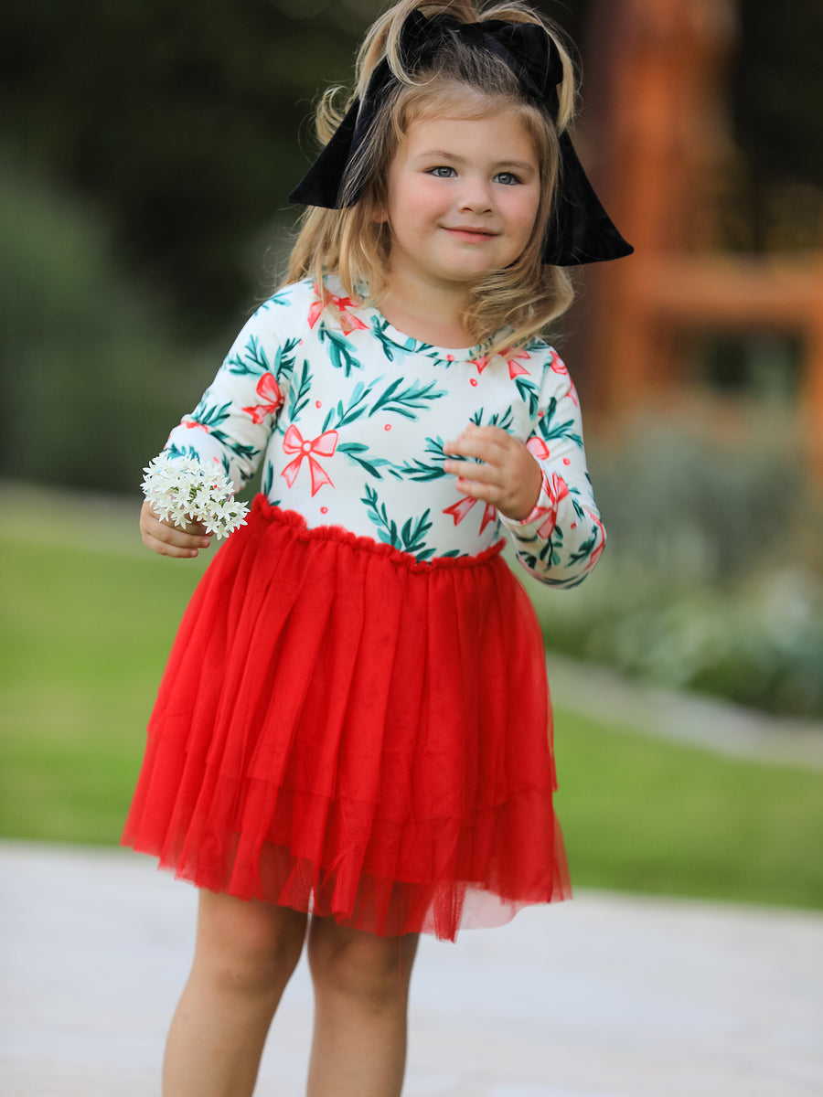 Red Tulle Skirt Christmas Tutu Dress and Holly Print
