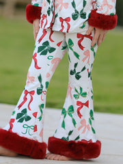Holiday Bow Print Christmas Pajama Set – Girls Cozy Red Trim Sleepwear