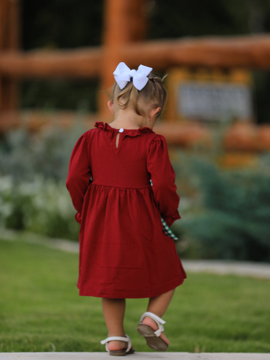 Christmas Smocking Embroidered Girls Dress with Green Plaid Bow