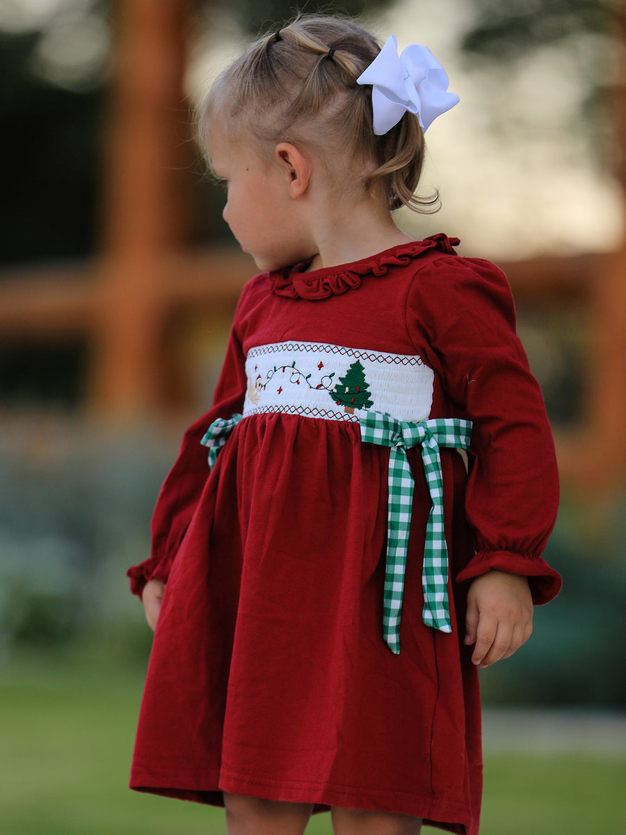 Christmas Smocking Embroidered Girls Dress with Green Plaid Bow