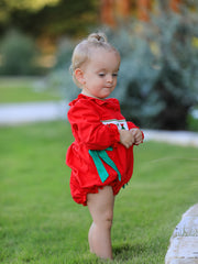 Christmas Smocked Girls Romper with Green Bow and Tree Embroidery