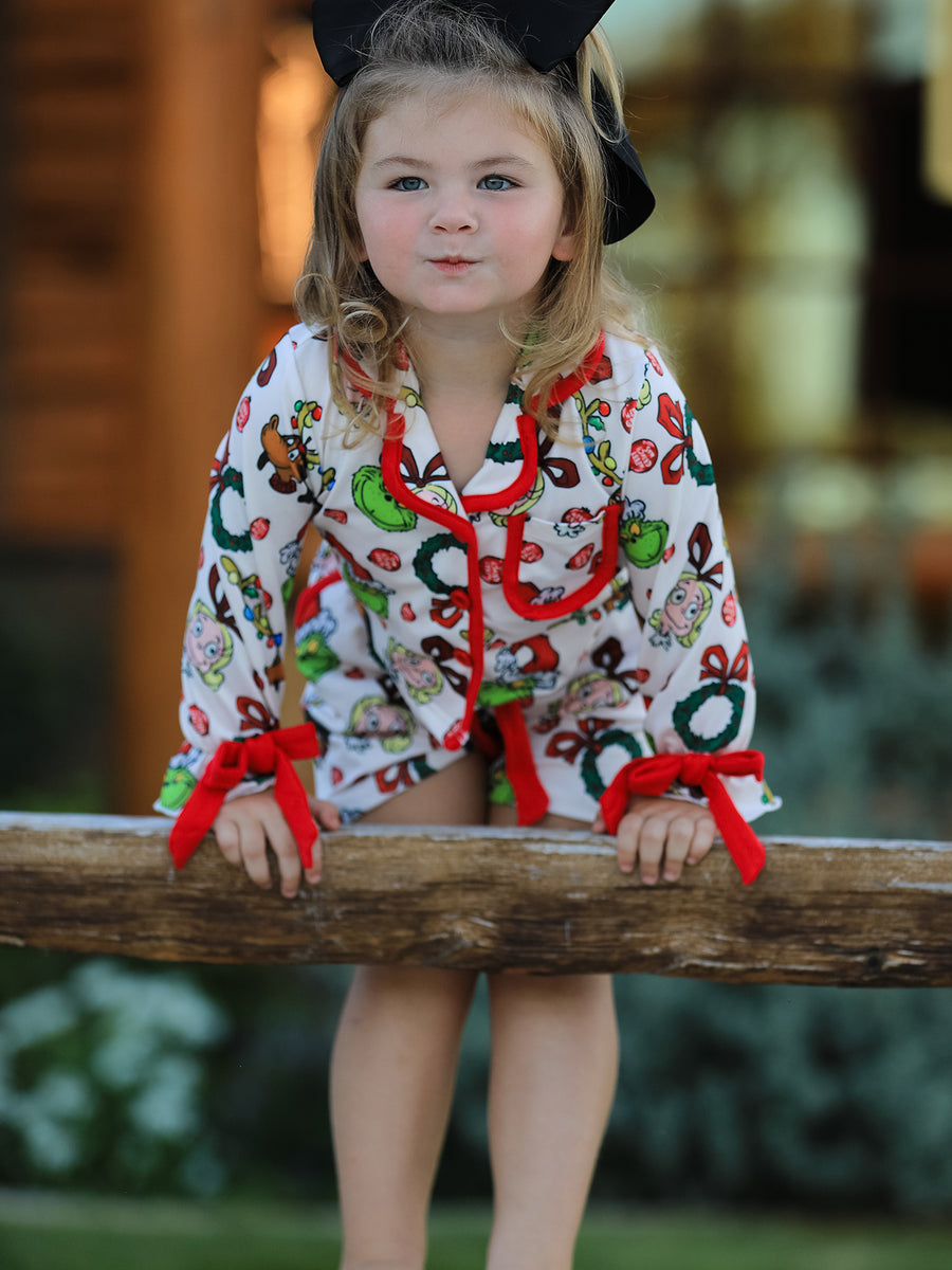 Christmas Wreath Character Print Girls Pajama Set