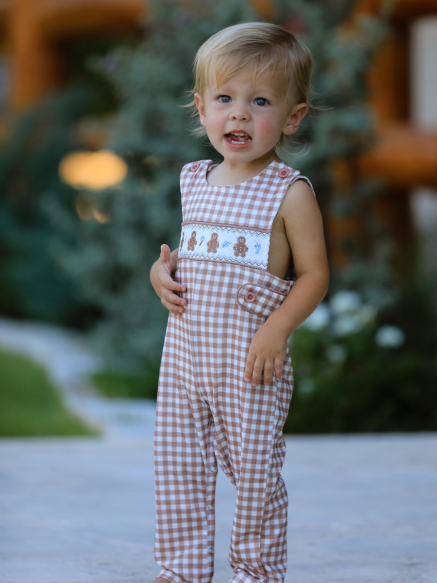 Christmas Vintage-Style Plaid Embroidered Gingerbread and Bows Boy Romper