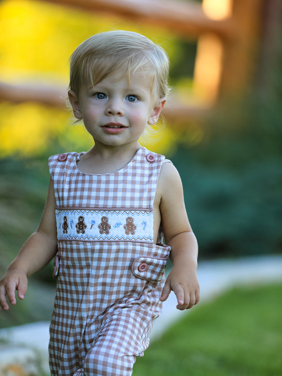Christmas Vintage-Style Plaid Embroidered Gingerbread and Bows Boy Romper