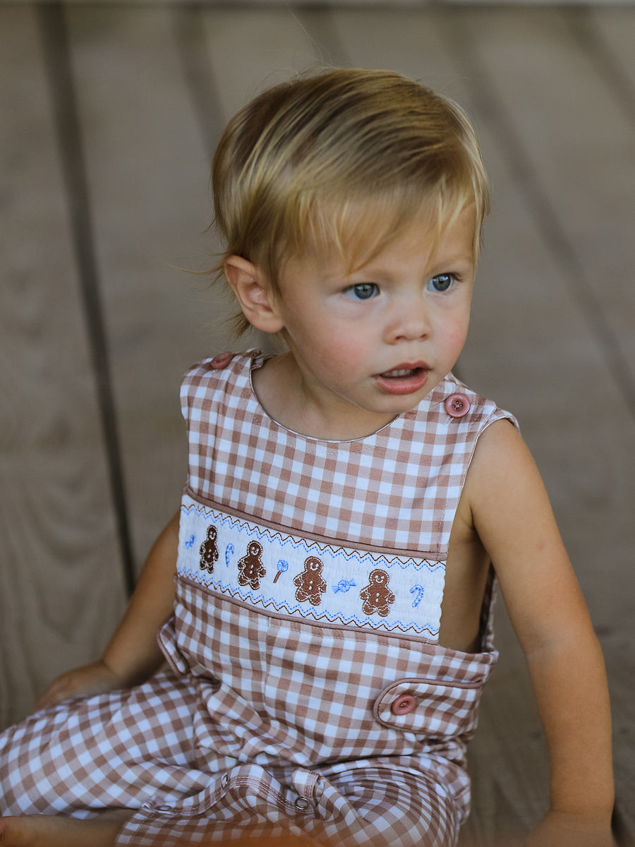 Christmas Vintage-Style Plaid Embroidered Gingerbread and Bows Boy Romper