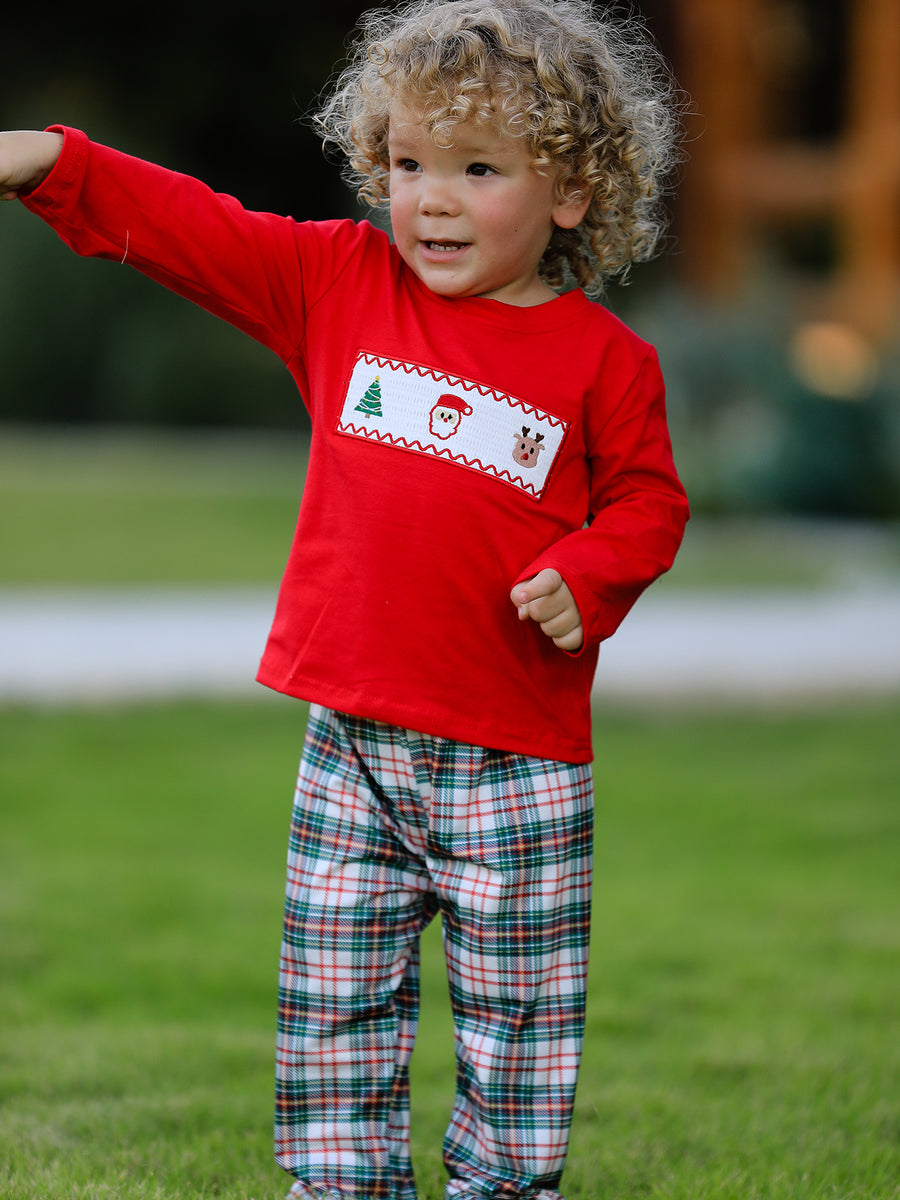 Christmas Plaid Smocking Embroidered Boys Set