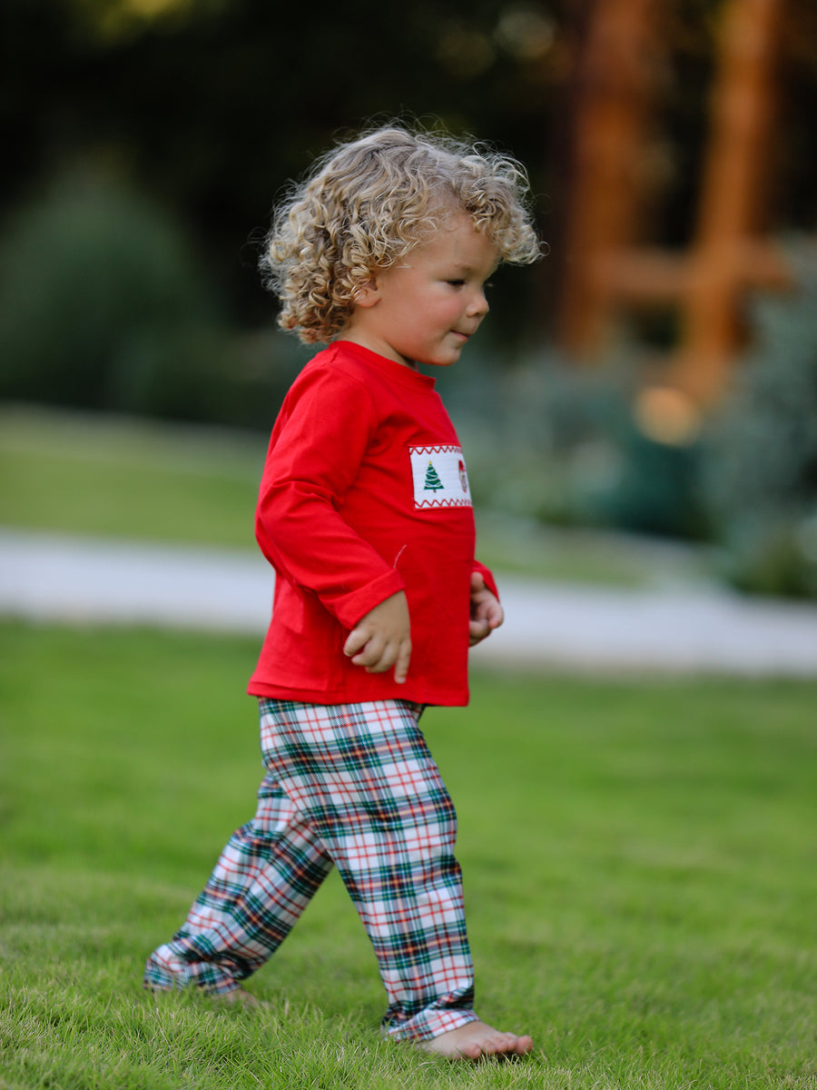 Christmas Plaid Smocking Embroidered Boys Set