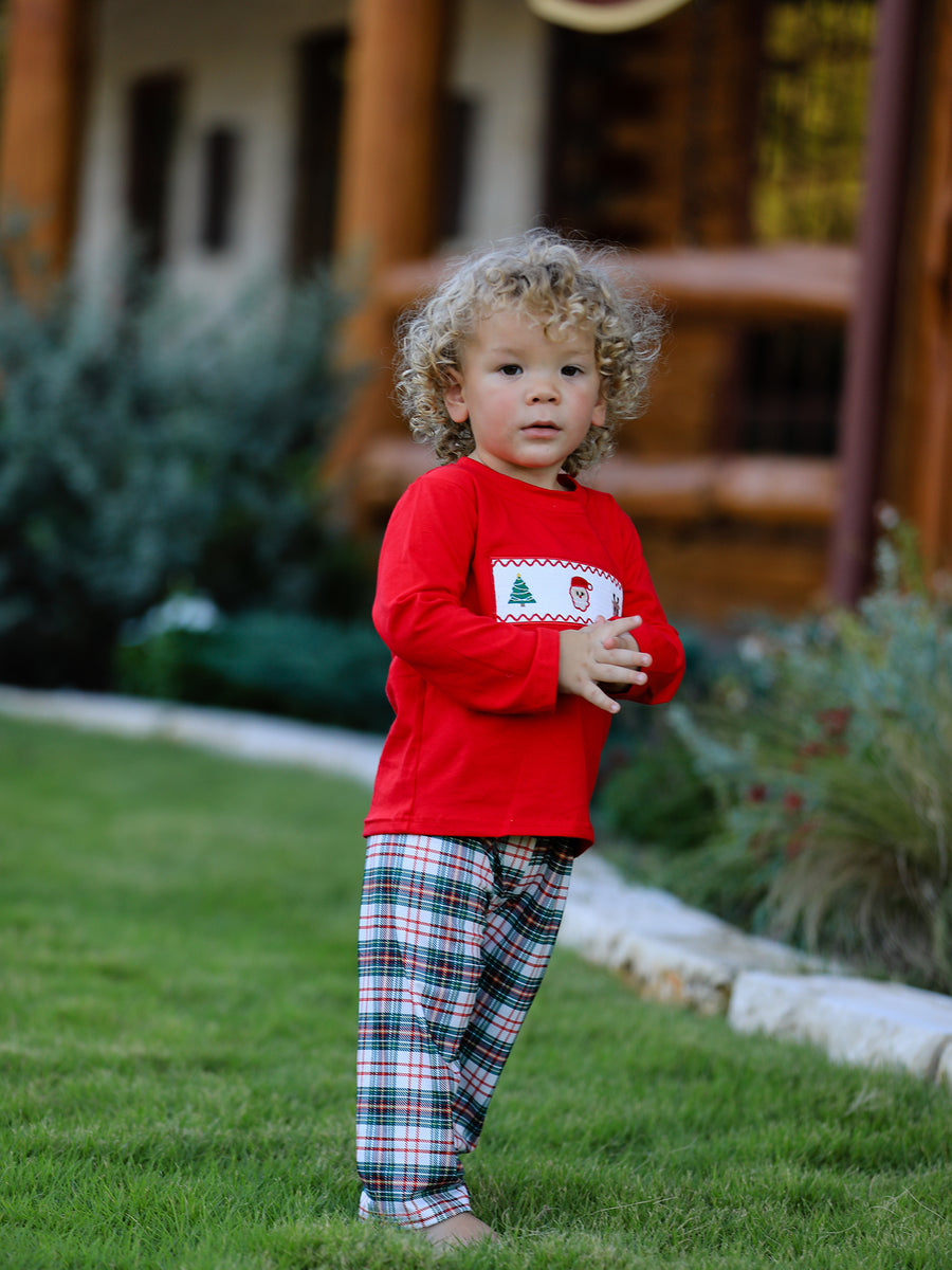 Christmas Plaid Smocking Embroidered Boys Set