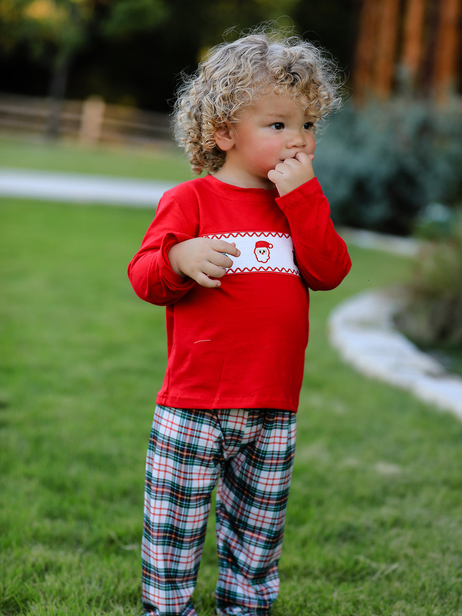 Christmas Plaid Smocking Embroidered Boys Set