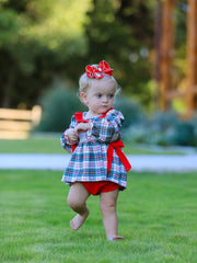 Christmas Plaid Smocking Embroidered Girls Bloomers Romper Set