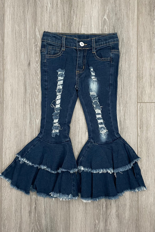 Double Ruffle Distressed Fringe Jeans - Rylee Faith Designs