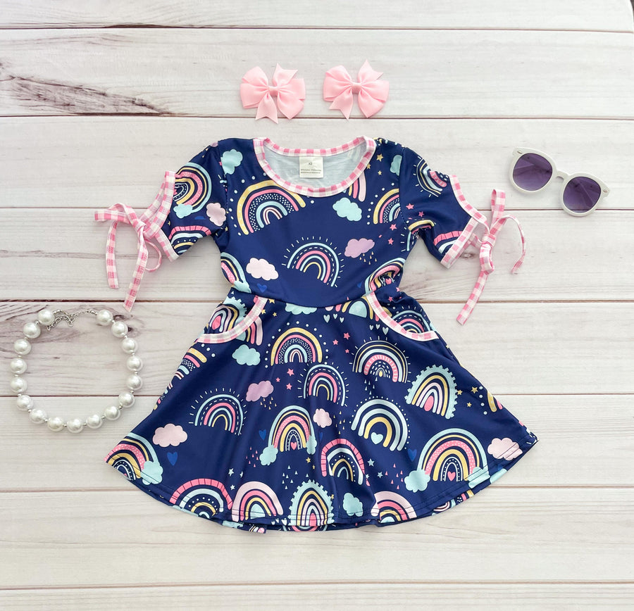 Navy Rainbow Twirl Dress (with pockets!) - Rylee Faith Designs