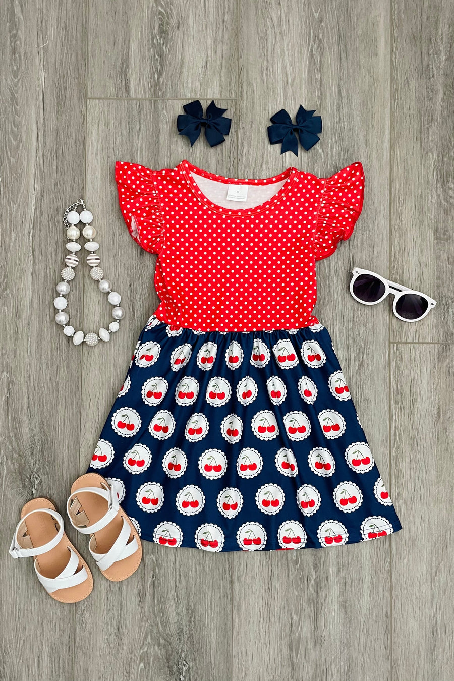 Navy/Red Polka Dot Cherry Dress - Rylee Faith Designs