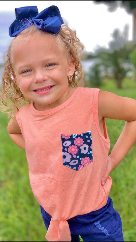 Peach Tie-Front Tank w/ Floral Accent Pocket - Rylee Faith Designs