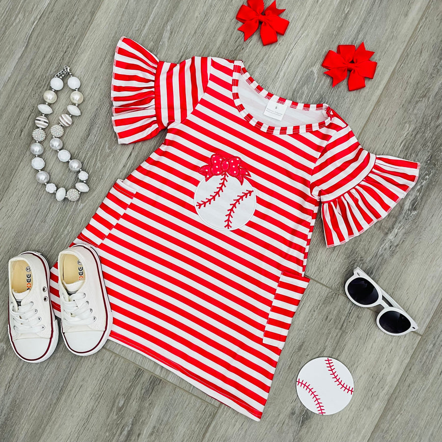 Red Stripe Baseball Pocket Dress - Rylee Faith Designs
