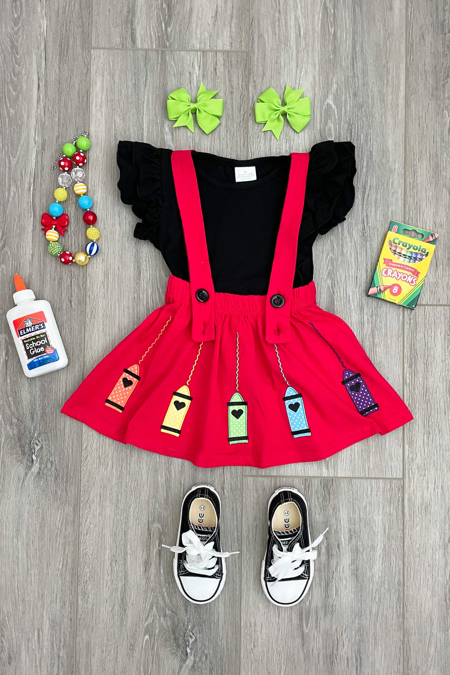 Red/Black Crayon Suspender Skirt Set - Rylee Faith Designs